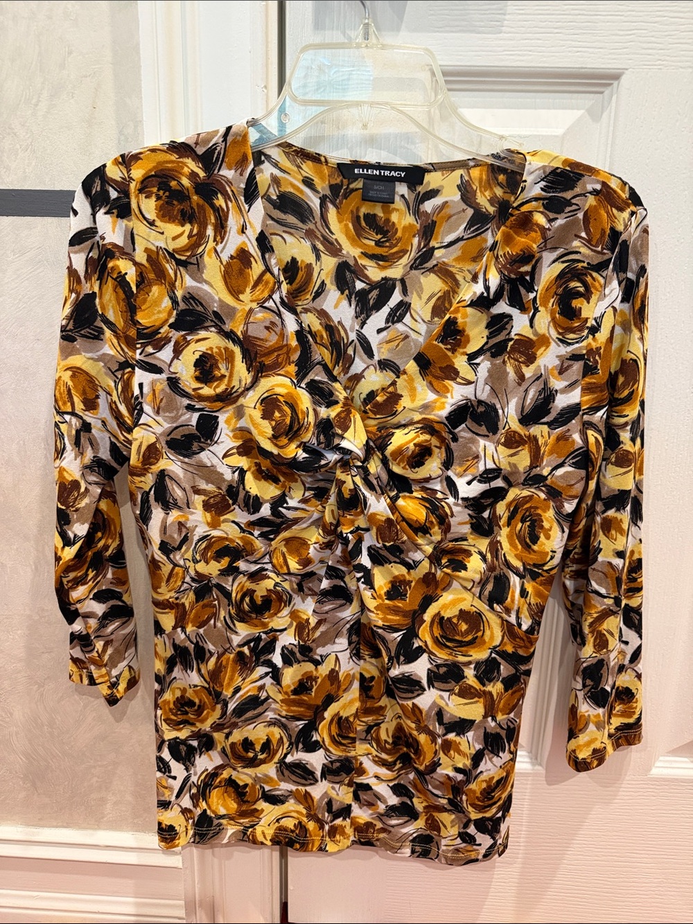 Ellen Tracy Mustard Floral V-Neck Top